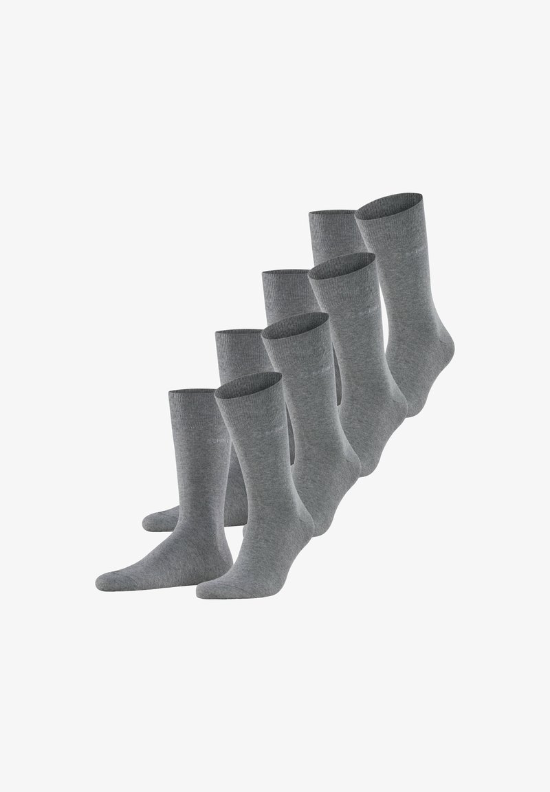 Graue Baumwollsocken im Paket mit sechs Paaren, ausgestattet mit einer glatten Textur, mittellanger Länge und gerippten Bündchen für zusätzlichen Komfort und guten Sitz.
