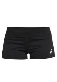 Shorts de sport noirs en tissu extensible, avec une texture lisse et un petit logo blanc en bas à droite.