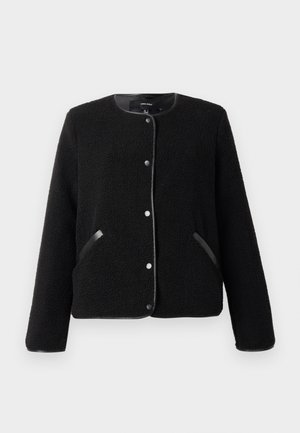 Casaco de fleece preto com botão, de mangas longas, gola redonda e bolsos laterais com fenda acabados em pelo de pele.