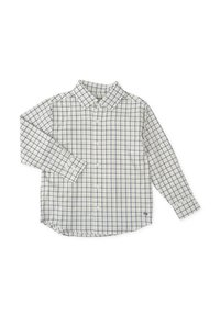 Camisa de cuadros en blanco y azul marino. Presenta un cuello clásico, mangas largas y un dobladillo redondeado. La tela parece ligera.