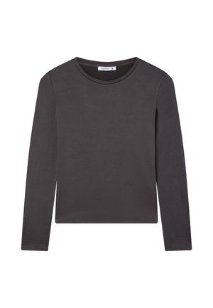 Maglietta a maniche lunghe con colletto rotondo in tessuto grigio scuro uniforme. Trama morbida con silhouette aderente. Senza pattern visibili o accessori.