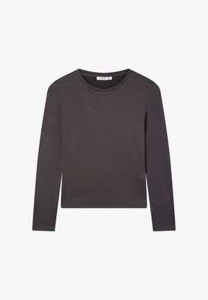 Maglietta a maniche lunghe con colletto rotondo in tessuto grigio scuro uniforme. Trama morbida con silhouette aderente. Senza pattern visibili o accessori.