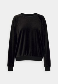 Sweat-shirt noir en velours à manches longues et col rond, avec poignets et ourlet côtelés, présenté sur un fond gris clair.