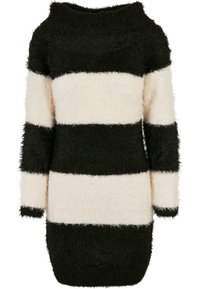 Robe-pull duveteuse avec rayures horizontales noires et blanches, encolure large et manches longues. Texture douce avec une coupe décontractée.