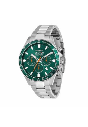 Cronografo da polso con quadrante verde, indici argento, lancette arancioni, finestra della data, lunetta tachimetrica e cinturino in metallo argento.