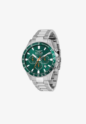Cronografo da polso con quadrante verde, indici argento, lancette arancioni, finestra della data, lunetta tachimetrica e cinturino in metallo argento.