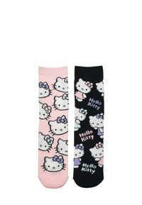Hello Kitty Socken, eine rosa mit wiederholten Charaktergesichtern, die andere schwarz mit Gesichtern und dem Text "Hello Kitty" in lila. Material aus Baumwollmischung.