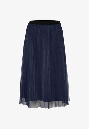 Navyblauer Tüllrock mit einem engen schwarzen Bund. Verfügt über ein geschichtetes, gefälteltes Design und einen subtilen Schimmer im gesamten Stoff.