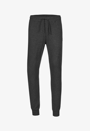 Dark gray sweatpants made of soft fabric, featuring an elastic waistband with a drawstring and tapered leg cuffs. No visible patterns or logos.