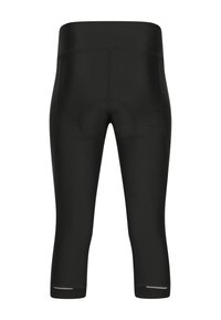 Schwarze, gepolsterte Fahrradhose mit hohem Bund und reflektierenden Streifen nahe den knielangen Säumen, entworfen für Komfort und Leistung.