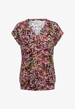 Korte mouw top in een roze, groene en zwarte dierenprint met een V-hals, met een losse pasvorm en een gebogen zoom. Gemaakt van lichtgewicht stof.