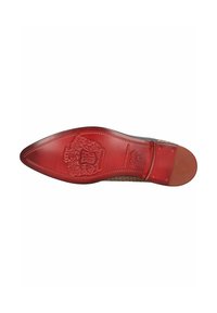 Suola di scarpa in pelle con punta affusolata. Caratterizzata da una base rossa, logo impresso, cuciture decorative e design testurizzato nella sezione centrale.