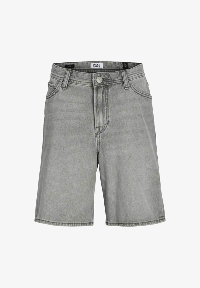 Sivé denimové šortky s rovný strihom, piatimi vreckami a pútkami na opasok. Obsahujú zapínanie na gombík a viditeľné švy pre detailnú textúru.