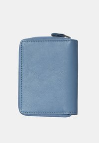 Blue leather wallet with a smooth texture, rounded corners, and a zip closure. Features visible stitching and a compact design.