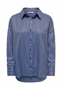 Chème à boutons rayé en bleu et marron. Présente un col, des manches longues et une coupe décontractée. Tissu lisse avec des rayures verticales.