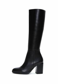 Knee-high black leather boot with a smooth texture, rounded toe, and a square block heel. Features minimal hardware and a sleek design.