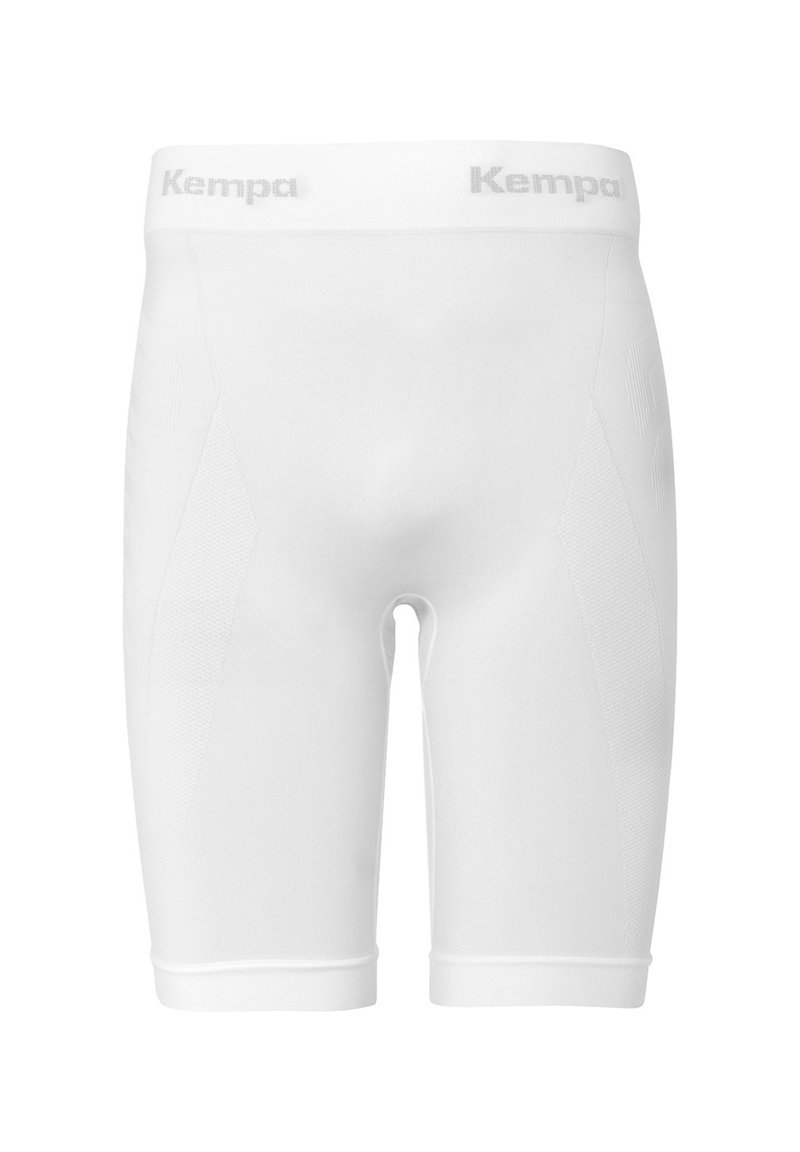 Shorts de sport blancs en tissu extensible avec un motif texturé sur le côté et une ceinture solide arborant le logo "Kempa".