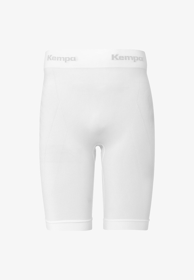 Shorts de sport blancs en tissu extensible avec un motif texturé sur le côté et une ceinture solide arborant le logo "Kempa".