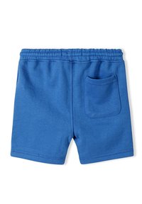 Blå bomullsshorts med elastisk midja, med en bakficka och en mjuk textur, designade för komfort och enkel användning.