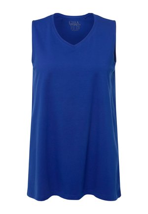 Top senza maniche blu realizzato in un tessuto morbido, caratterizzato da un design a V e una vestibilità ampia, con una superficie liscia e senza motivi o decorazioni visibili.