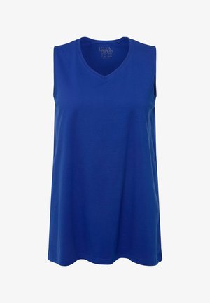 Blaues ärmelloses Top aus weichem Stoff, mit V-Ausschnitt und lockerer Passform, glatter Textur und ohne sichtbare Muster oder Akzente.