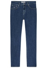 Jeans de mezclilla azul oscuro con corte recto, cinco bolsillos y cierre de botón. Presentan costuras decorativas y una etiqueta de marca en la cinturilla.