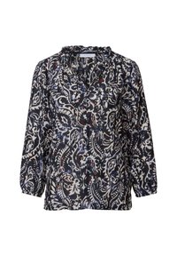 Langärmlige Bluse in Schwarz, Weiß und mit rotem Blumenmuster. Weicher Stoff mit lockerer Passform, mit einem Rüschenausschnitt und Knopfleiste.