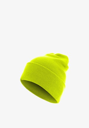Beanie lavorato a maglia giallo neon con texture a coste e design slouchy. Presenta un bordo arrotolato sul fondo per una vestibilità regolabile.