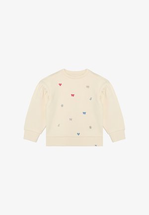 Crèmekleurige trui met pofmouwen, voorzien van veelkleurige geborduurde patronen en een geribde halslijn en manchetten.