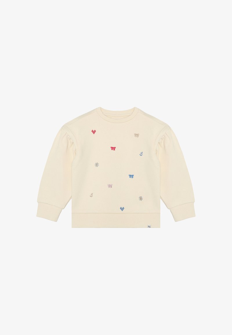 Kremfarvet sweatshirt med puffede ærmer, prydet med flerfarvede broderede mønstre og ribbet halsudskæring og manchetter.