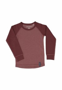 Long-sleeve shirt made of soft fabric in a maroon and dark red color combination. Features raglan sleeves and a curved hem with a brand tag.