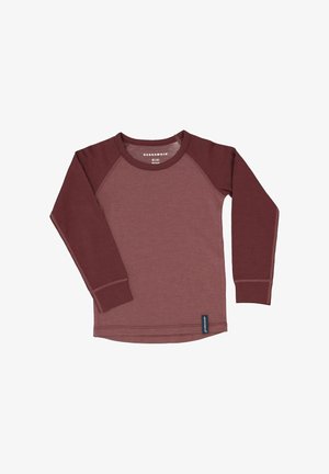 Langarmshirt aus weichem Stoff in einer Kombination aus Mahagonifarbe und Dunkelrot. Mit Raglanärmeln und einem abgerundeten Saum, versehen mit einem Markenetikett.