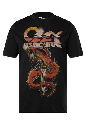 Schwarzes Baumwoll-T-Shirt mit einem Grafikdesign eines grünen Schneks, der sich um ein Schwert windet, mit dem Text "Ozzy Osbourne" in stilisierten Buchstaben.