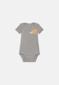 Grijze korte mouwen bodysuit van katoen, met een vrachtwagenafbeelding en gele lading. Drukknoopsluiting onderaan voor gemakkelijk aankleden.