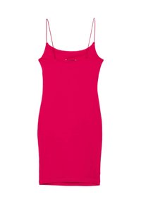 Abito mini aderente senza maniche realizzato in tessuto fucsia uniforme con sottili spalline e scollatura rotonda. Texture liscia, design semplice.