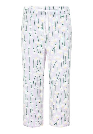 Lichtpaarse pyjamabroek met witte madeliefjespatronen, groene stengels, een trekkoord in de taille en zijzakken.