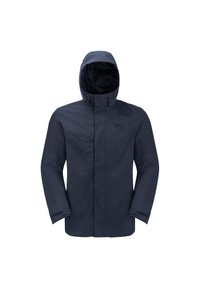 Marinblå vattentät jacka med huva, dragkedja fram och justerbara ärmar. Har en mjuk textur och logotyp på bröstet.