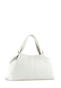 Sac à main en cuir blanc au fini doux et texturé, de forme arrondie, avec deux poignées. Présente un logo subtil sur un côté.