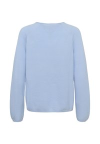 Pull en maille bleu clair à manches longues vu de dos avec un col rond et des poignets côtelés.