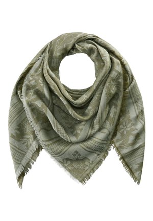 Jasnooliwkowy kwadratowy szal z kwiatowymi i geometrycznymi wzorami, miękka tkanina, wykończony frędzlami, złożony w pętlę.