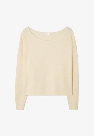 Cream-colored long-sleeve sweater with a wide round neckline and a ribbed hem and cuffs, displayed on a white background.