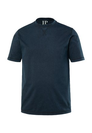 T-shirt à manches courtes bleu marine en coton, avec un col rond et des accents cousus pour plus de détails. Texture lisse sur l'ensemble.