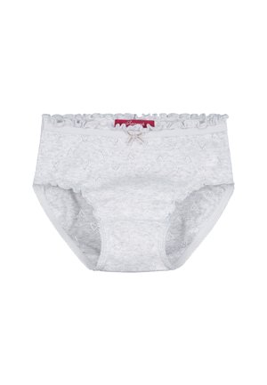 Light gray cotton underwear with a ruffled waistband, small bow detail at the front, and a textured pattern of hearts.
