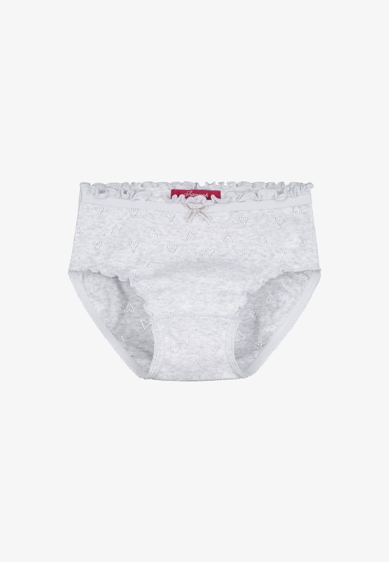 Helle graue Baumwollunterwäsche mit einem Rüschensaum, einem kleinen Schleifendetail an der Vorderseite und einem strukturierten Herzenmuster.