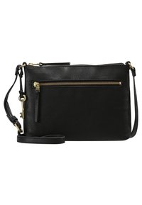 Black leather crossbody bag featuring a zippered front pocket, adjustable strap, and gold-tone hardware. Smooth texture and minimalist design.
