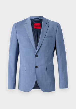 Light blue blazer made of textured fabric, featuring two black buttons, a chest pocket, and a red brand label inside the collar.