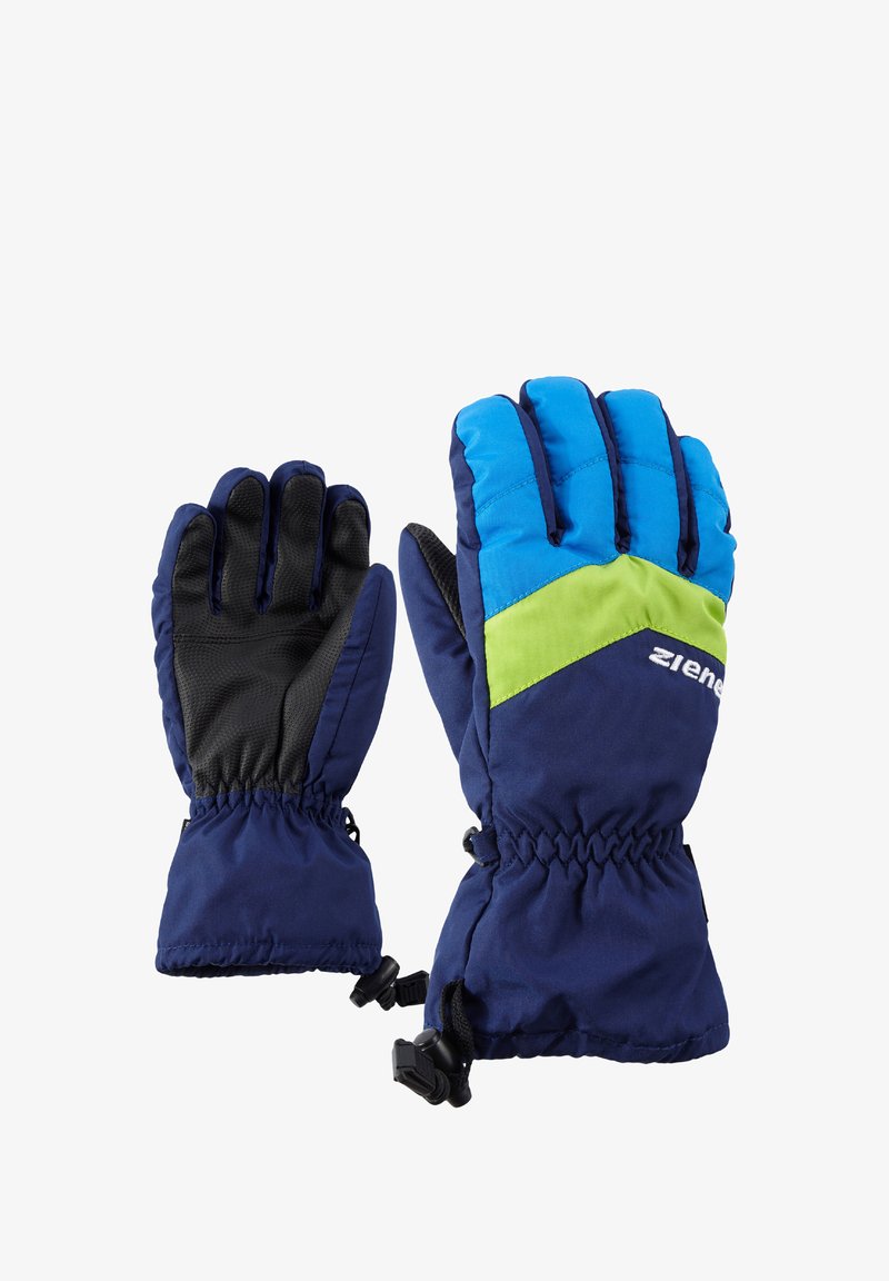 Children's gloves in navy, with blue and lime accents. Quilted design, elastic wrist, textured black palm for grip. Lightweight and insulated.