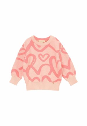 Różowy sweter z długim rękawem z dzianiny z ciemniejszym różowym sercem i abstrakcyjnymi liniowymi wzorami, z prążkowanymi mankietami, dołem i okrągłym dekoltem.