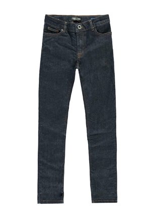 Donkerblauwe slim-fit jeans met een voorsprong voor knoop, rits, riemlussen en vijf-pocket ontwerp, plat gelegd op een witte achtergrond.