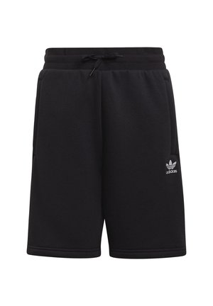 Czarne spodenki Adidas z elastyczną talią, sznurkiem, bocznymi kieszeniami oraz małym białym logo Adidas na lewej udzie.